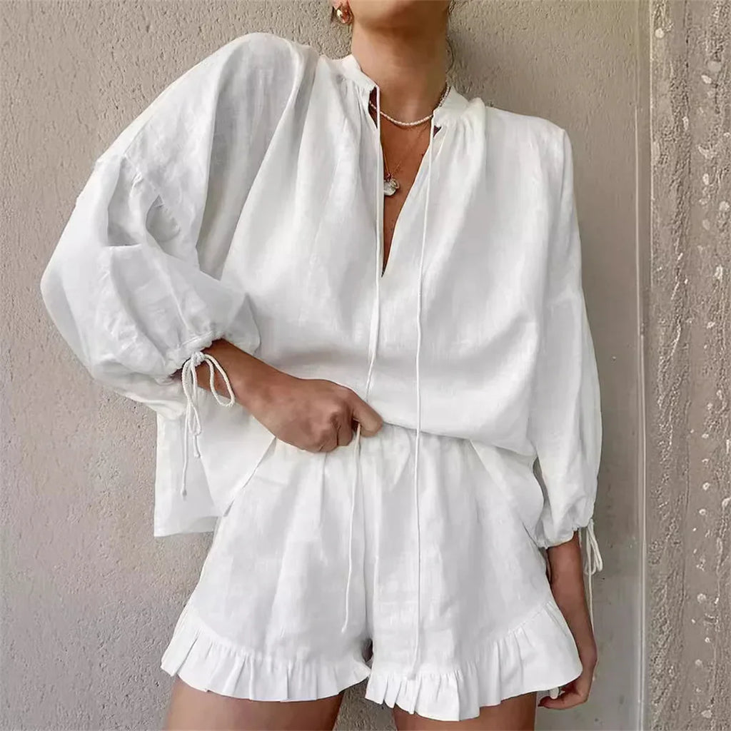 White Collared Button Up Shirt and Ruffle Shorts Set