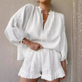 White Collared Button Up Shirt and Ruffle Shorts Set