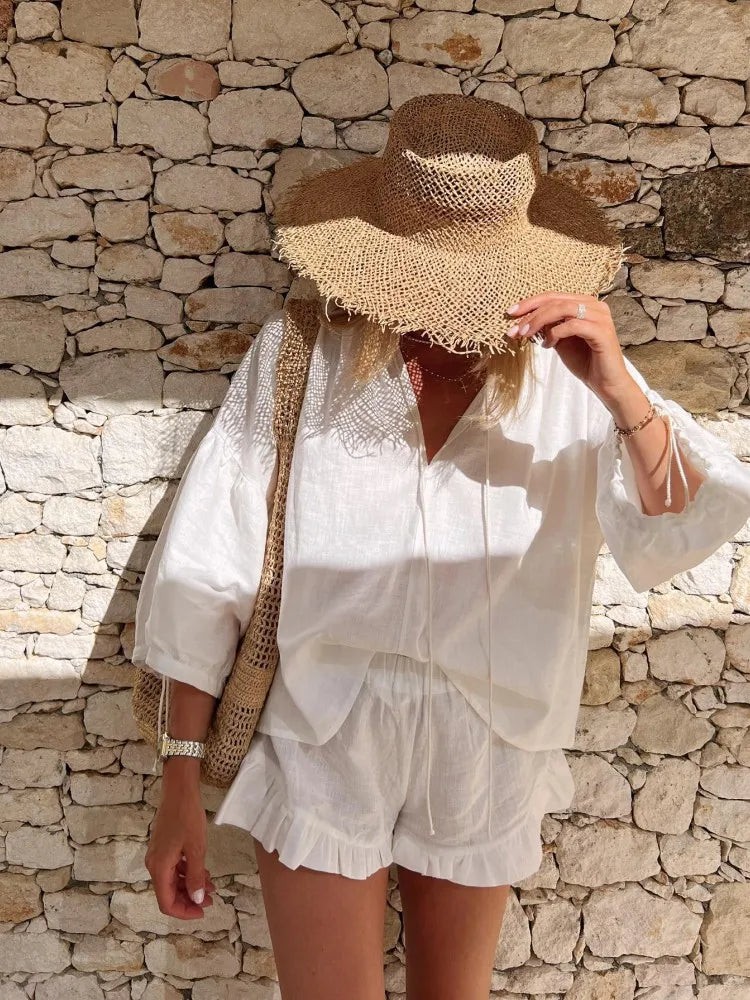 White Collared Button Up Shirt and Ruffle Shorts Set