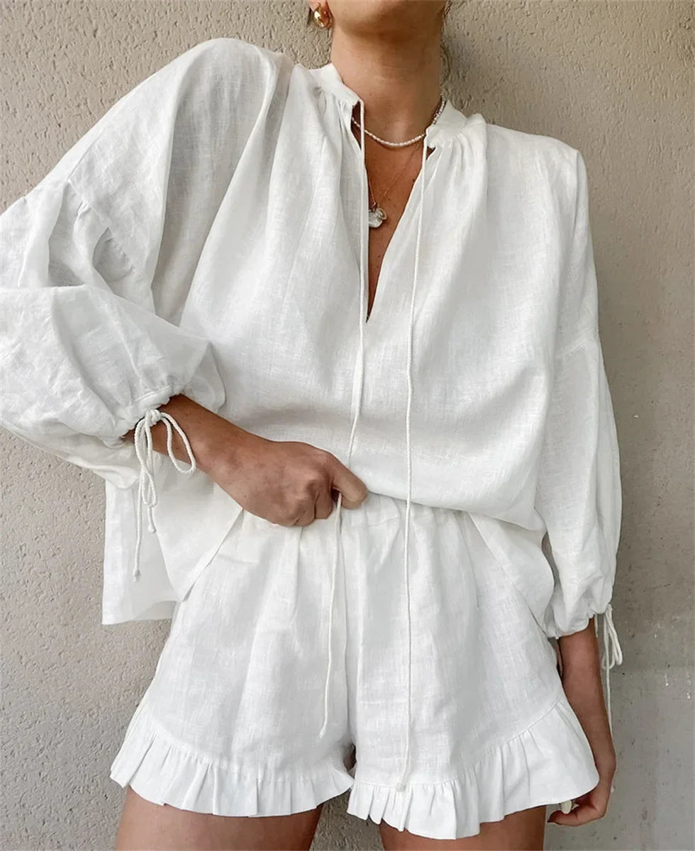 White Collared Button Up Shirt and Ruffle Shorts Set