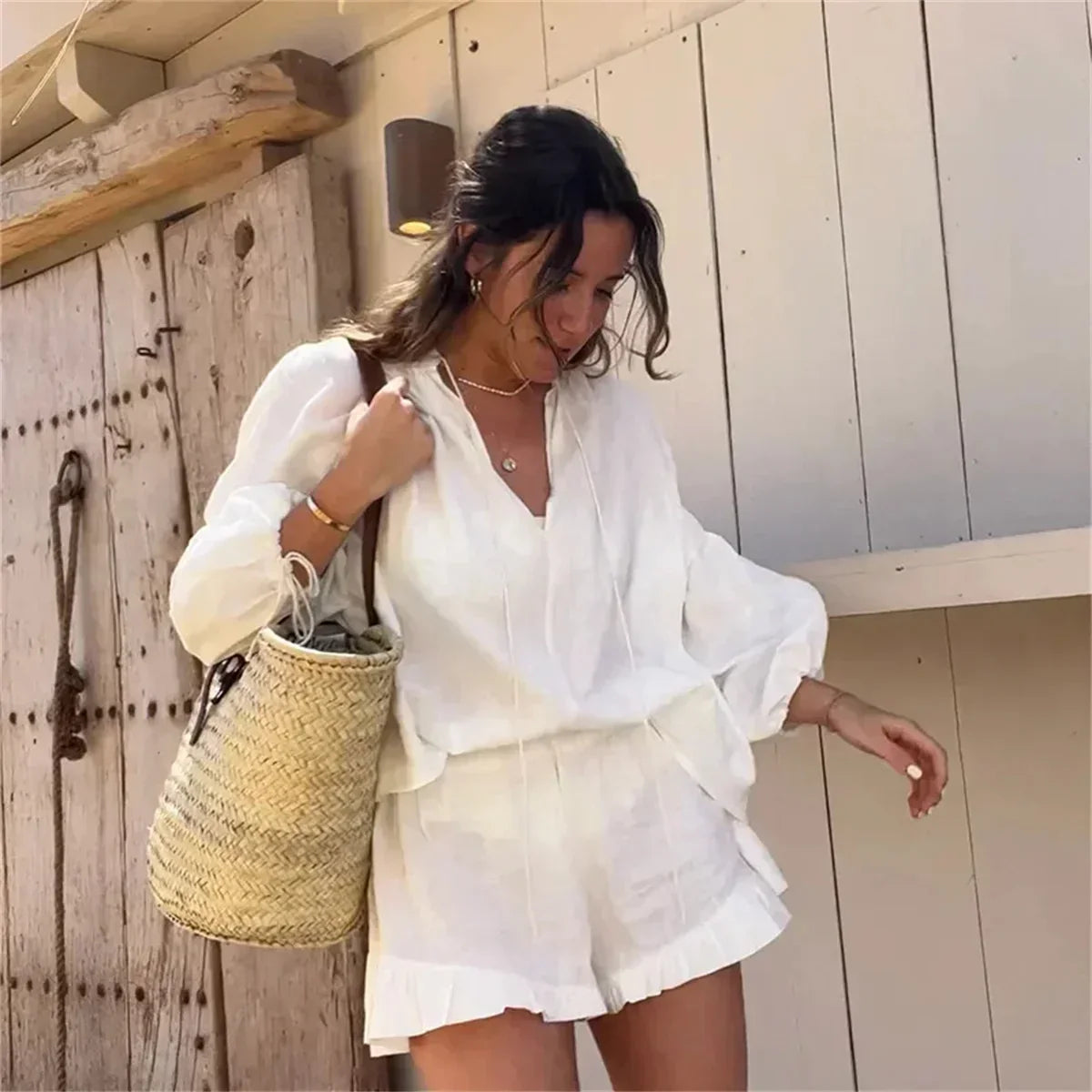 White Collared Button Up Shirt and Ruffle Shorts Set