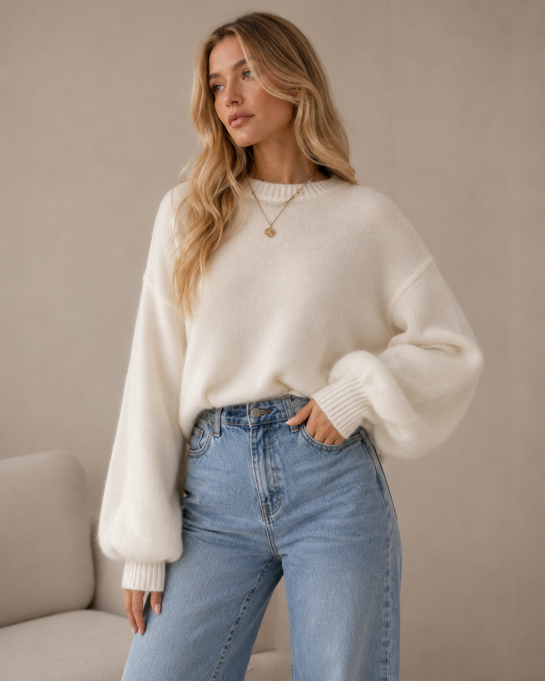 White Crew Neck Knit Sweater