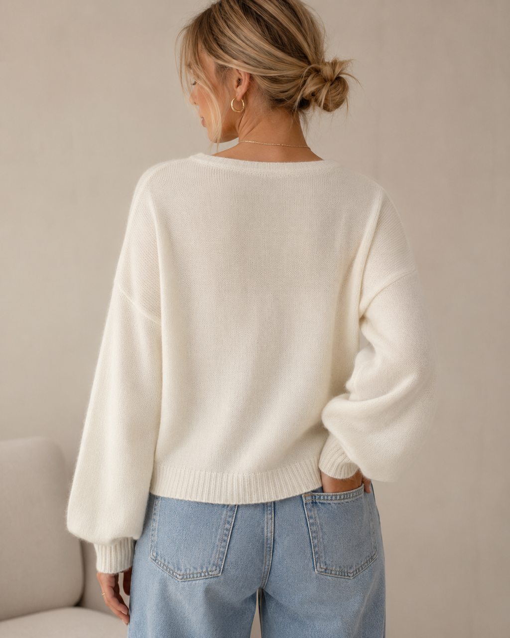 White Crew Neck Knit Sweater