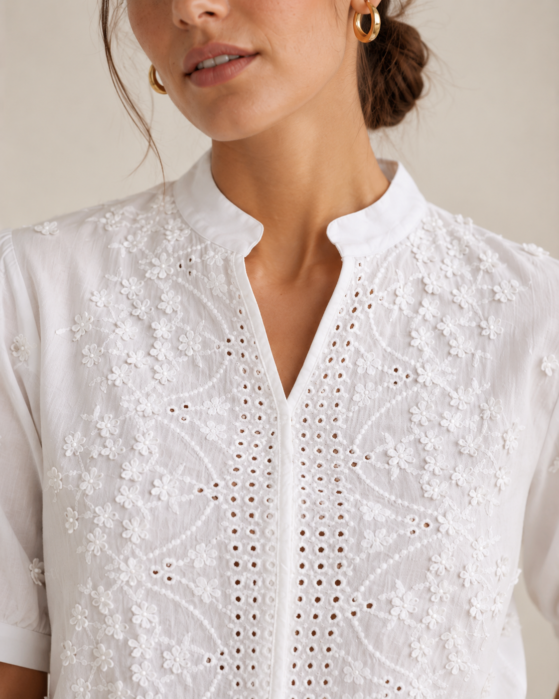 White Crochet Eyelet V-Neck Short Sleeve Blouse
