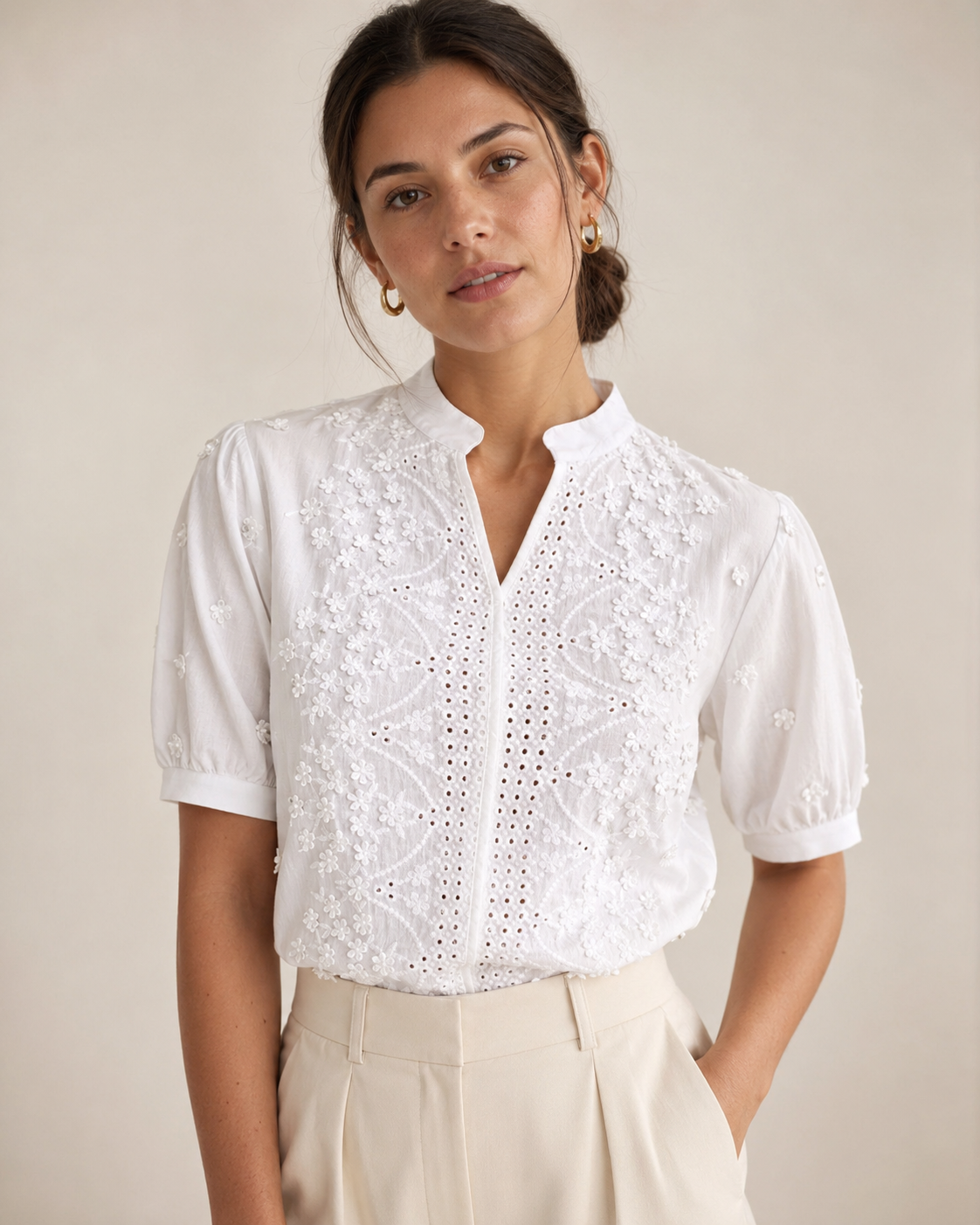 White Crochet Eyelet V-Neck Short Sleeve Blouse