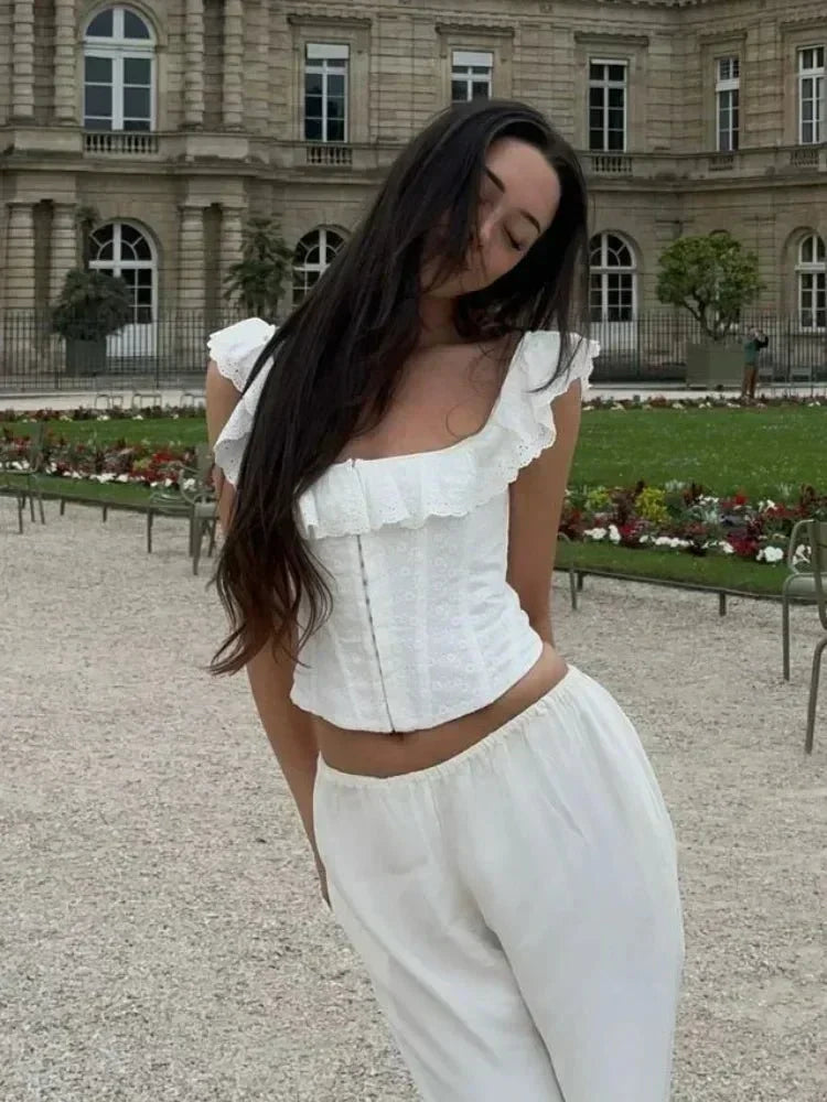 White Crochet Square Neck Lace-Up Corset Top