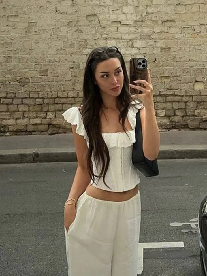 White Crochet Square Neck Lace-Up Corset Top