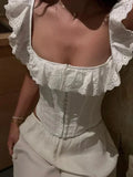 White Crochet Square Neck Lace-Up Corset Top