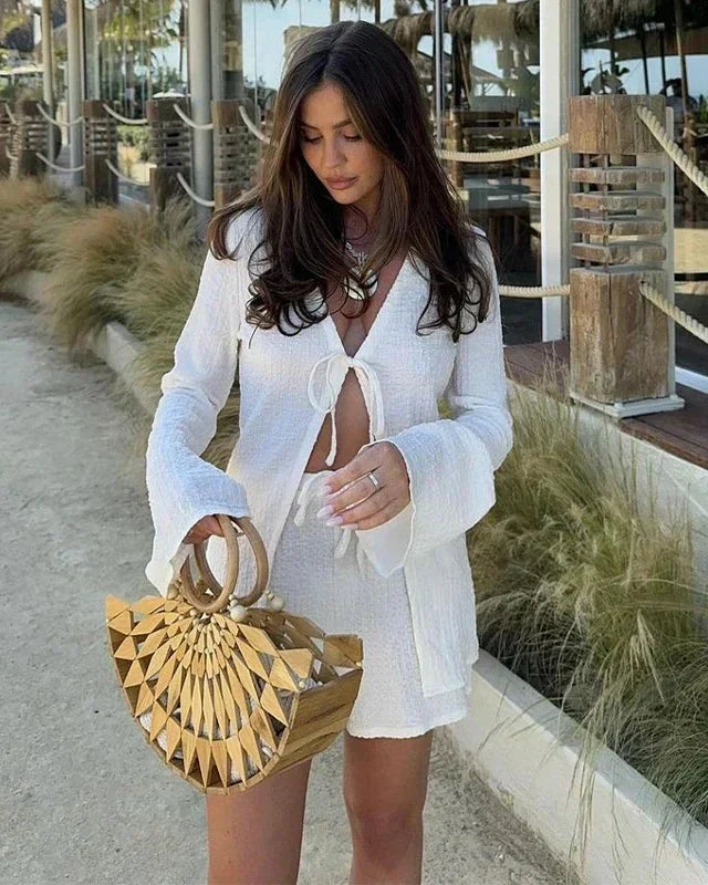 White Crochet Tie Front Top and Wide Leg Shorts Set