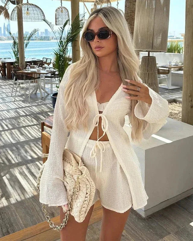 White Crochet Tie Front Top and Wide Leg Shorts Set
