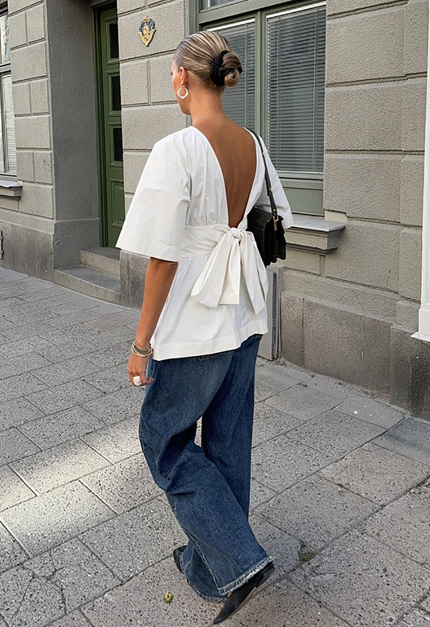 White Cropped Cotton Top with Tie Back