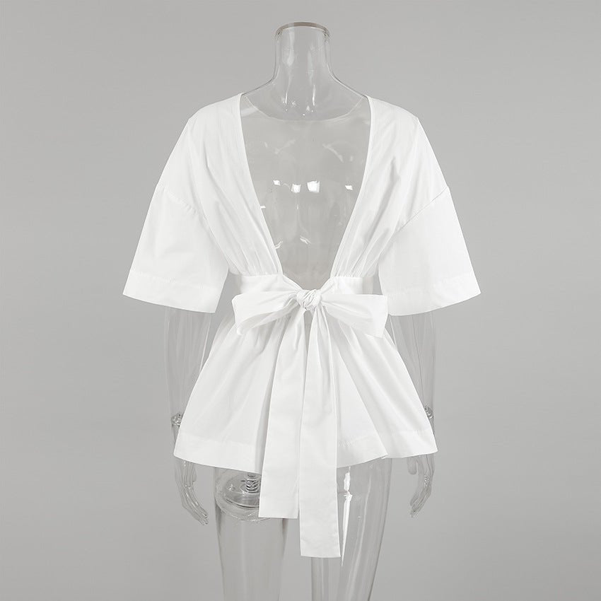 White Cropped Cotton Top with Tie Back