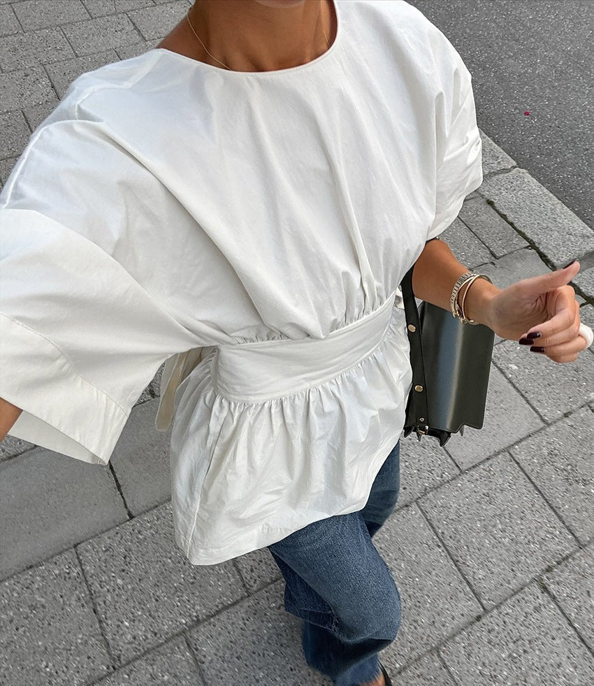 White Cropped Cotton Top with Tie Back