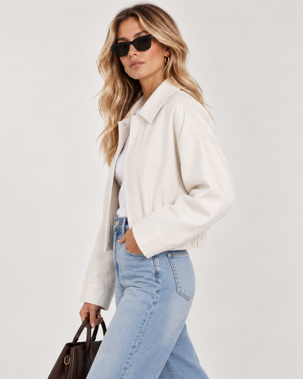 White Cropped Zip-Up Jacket with High Collar