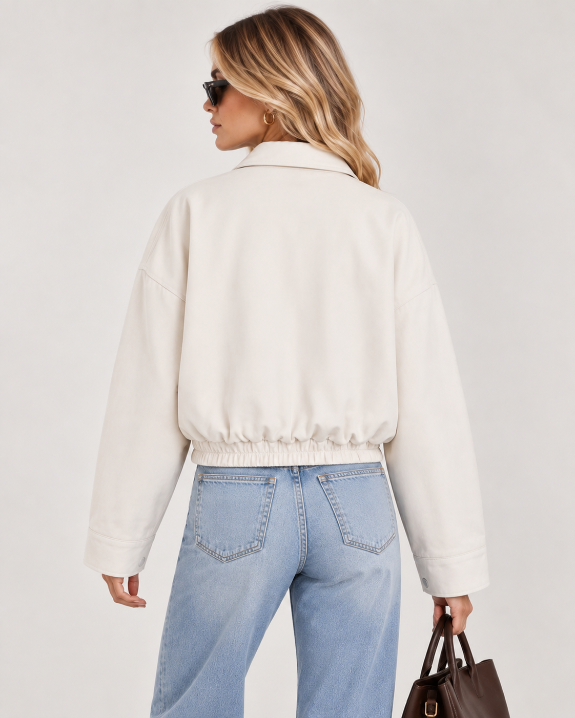 White Cropped Zip-Up Jacket with High Collar