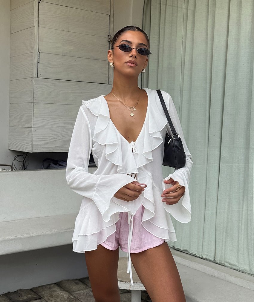 White Deep V-Neck Ruffle Top
