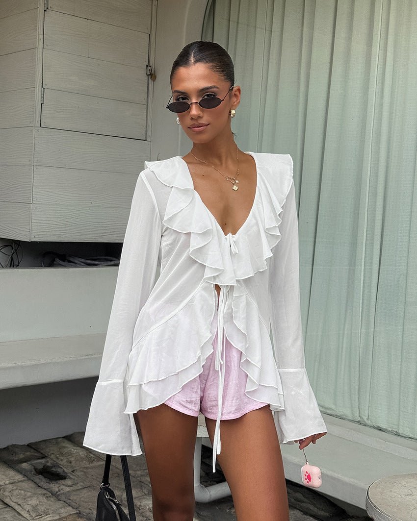 White Deep V-Neck Ruffle Top