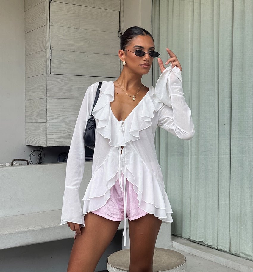 White Deep V-Neck Ruffle Top