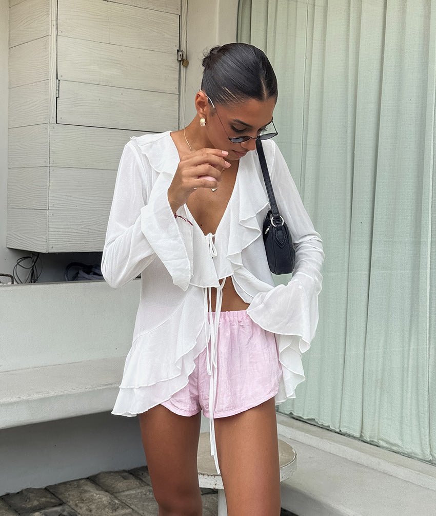White Deep V-Neck Ruffle Top