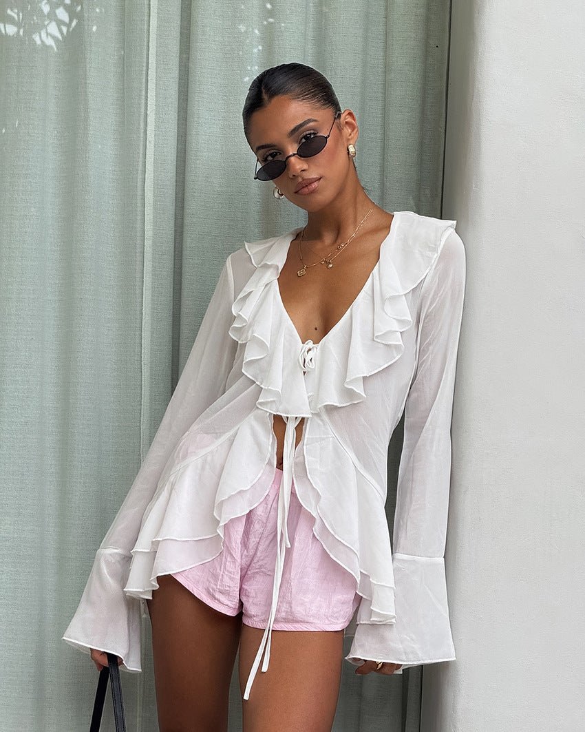 White Deep V-Neck Ruffle Top