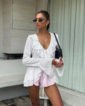 White Deep V-Neck Ruffle Top