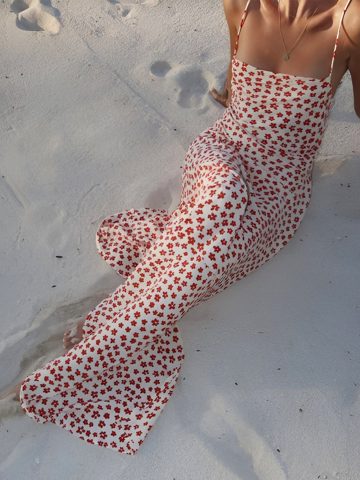 White Floral Jersey Maxi Dress with Crisscross Straps