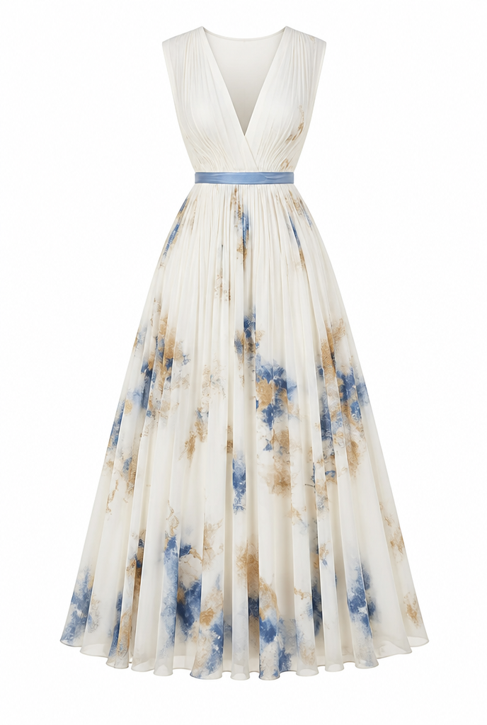 White Floral Pleated V-Neck Midi Dress with Belt