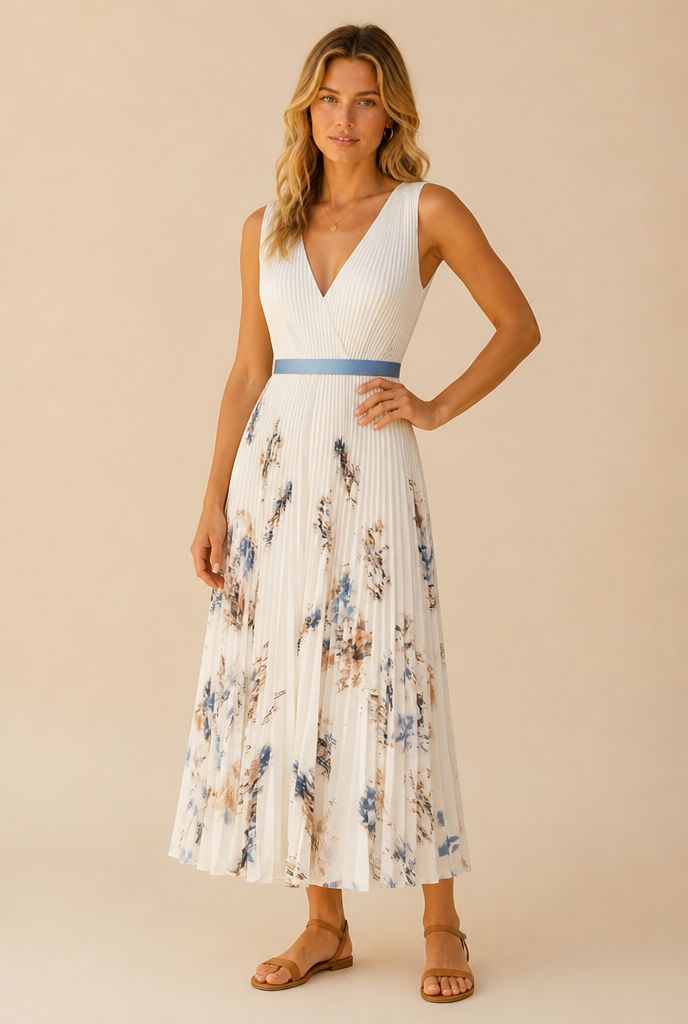 White Floral Pleated V-Neck Midi Dress with Belt