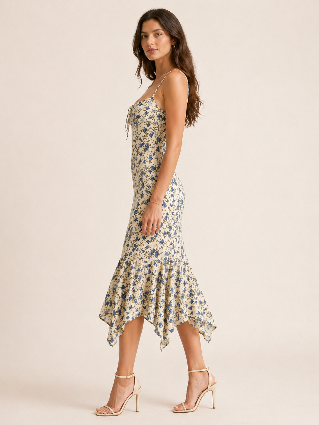 White Floral Sleeveless Maxi Dress with Knotted Hem