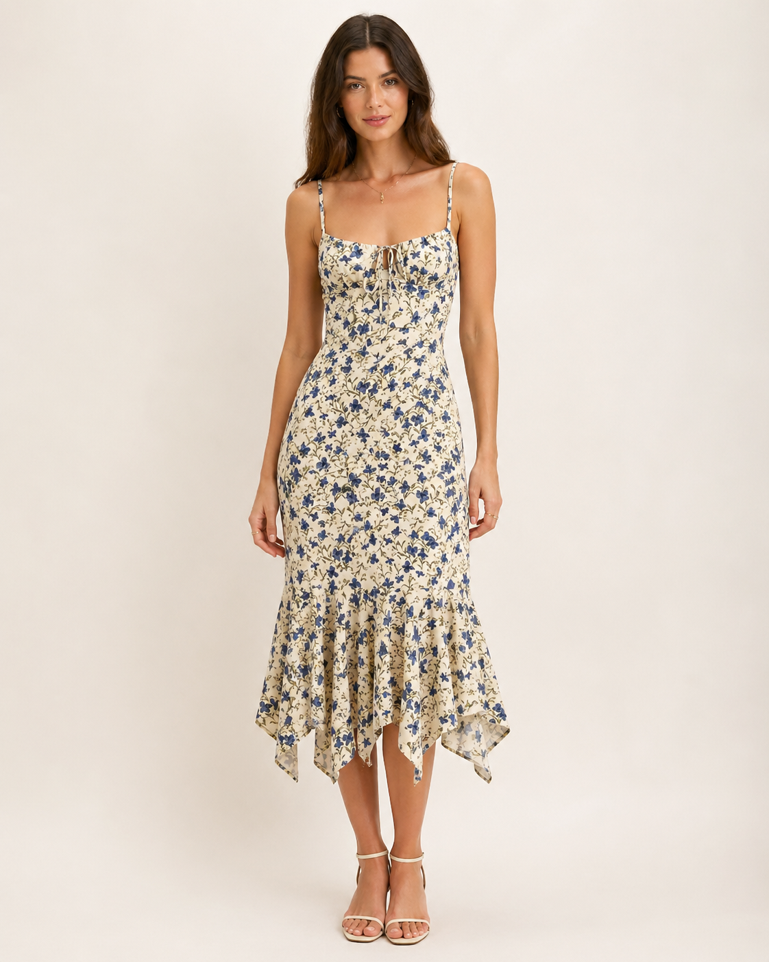 White Floral Sleeveless Maxi Dress with Knotted Hem