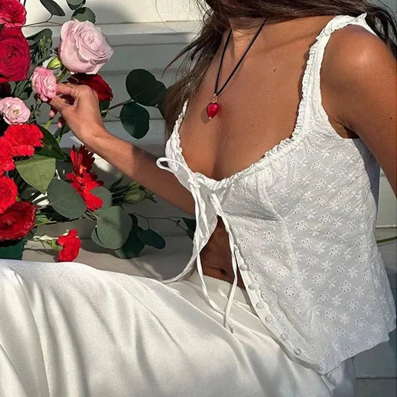 White Jacquard Ruffle Collar Lace-Up Front Top