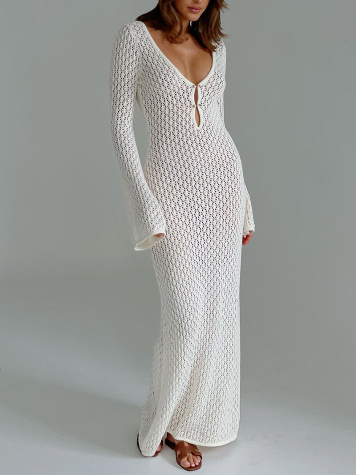 White Long Sleeve Open Back Knit Maxi Dress
