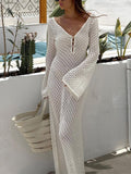 White Long Sleeve Open Back Knit Maxi Dress