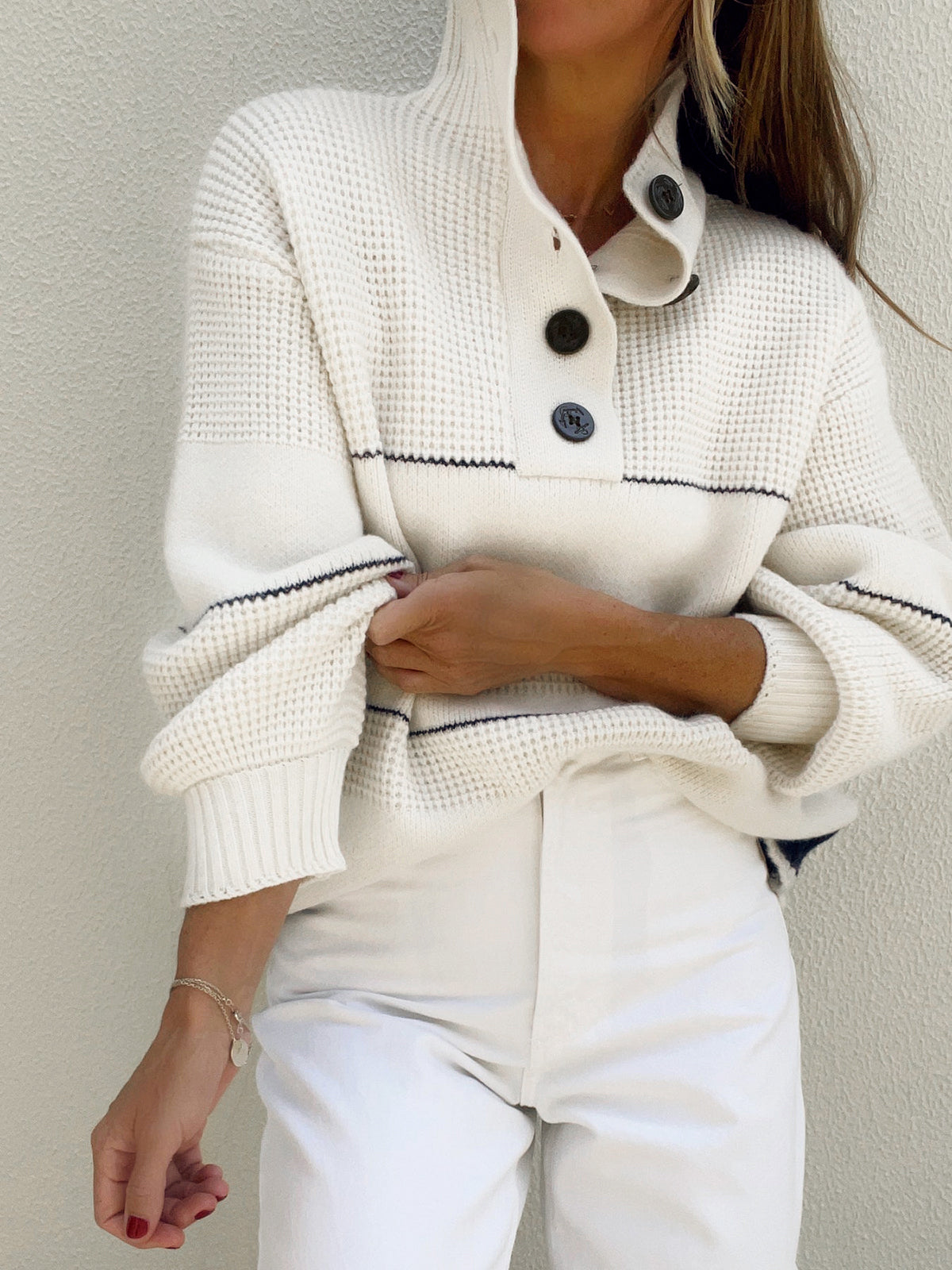 White Open Collar Button Front Knit Sweater