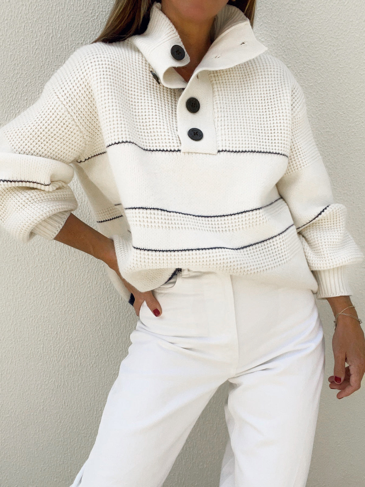 White Open Collar Button Front Knit Sweater