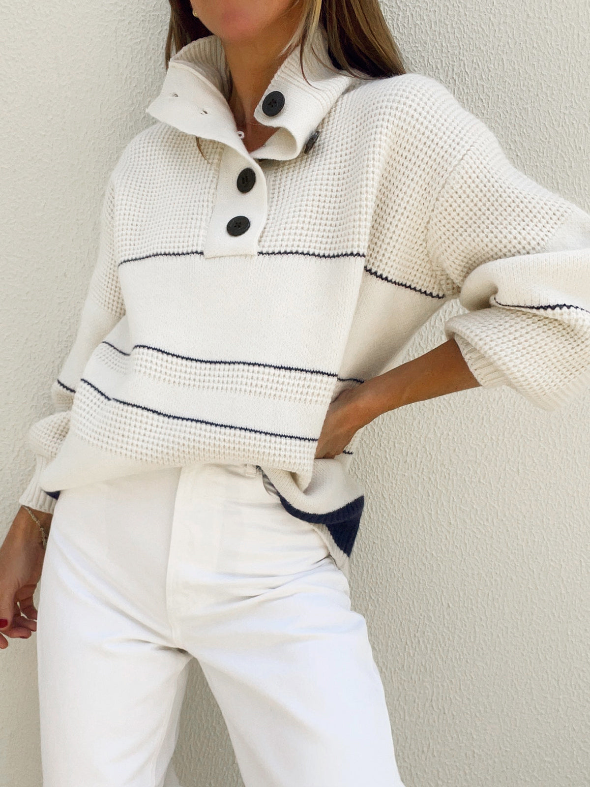 White Open Collar Button Front Knit Sweater