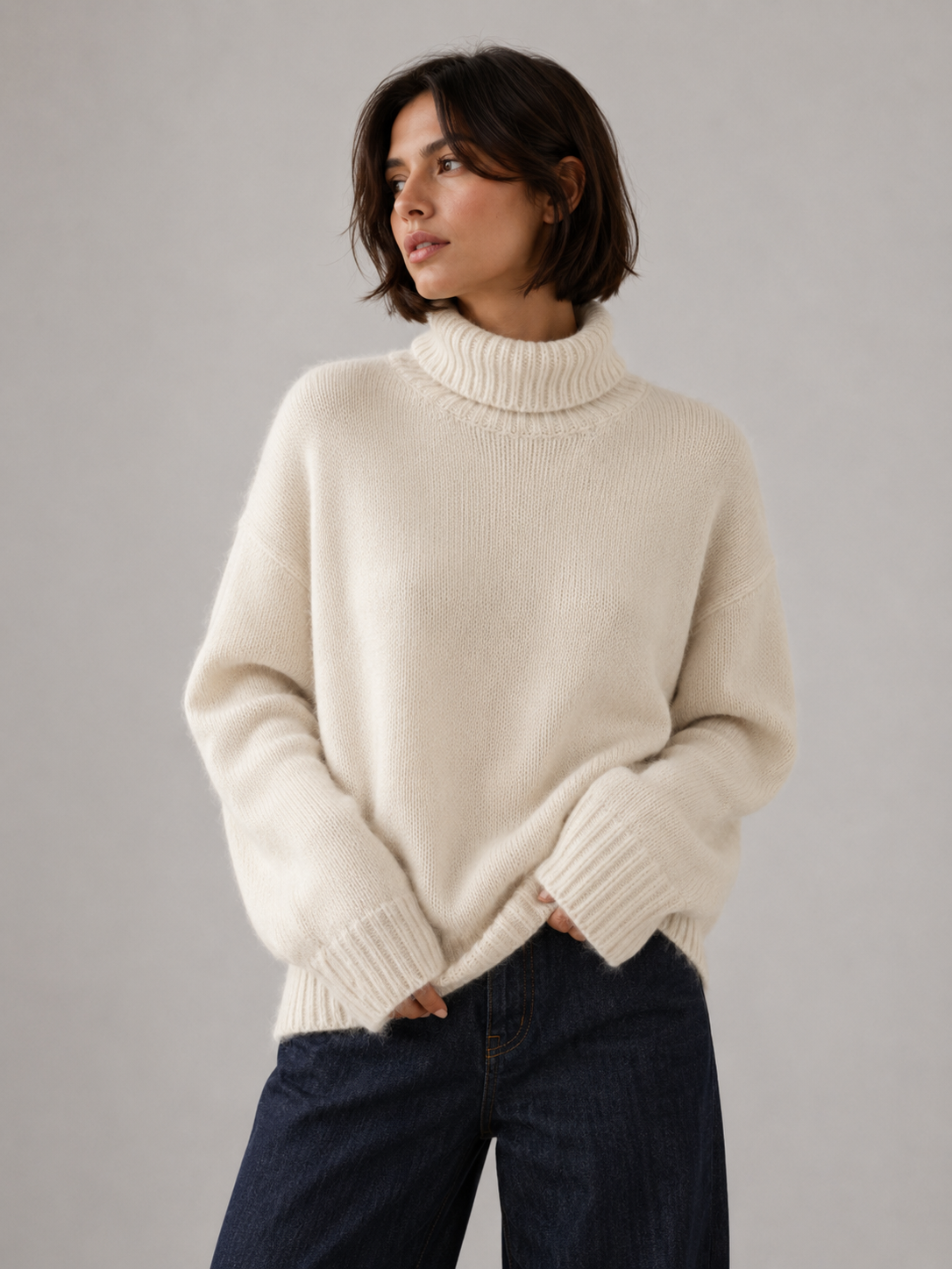 White Oversized Chunky Turtleneck Knit Sweater