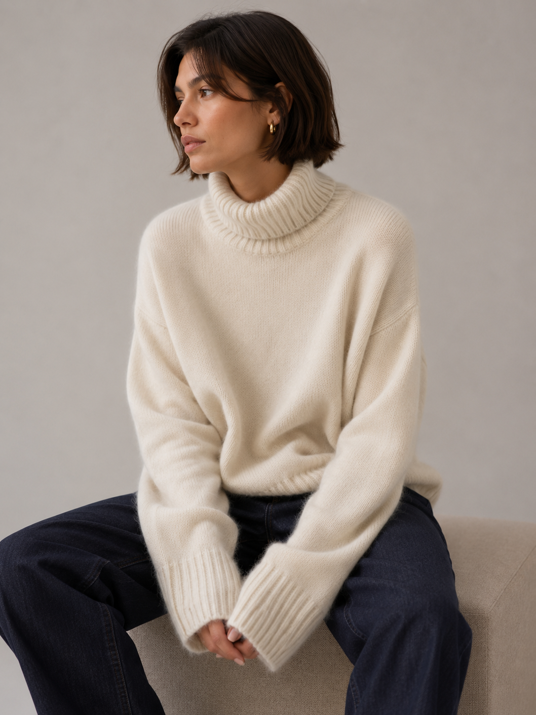 White Oversized Chunky Turtleneck Knit Sweater