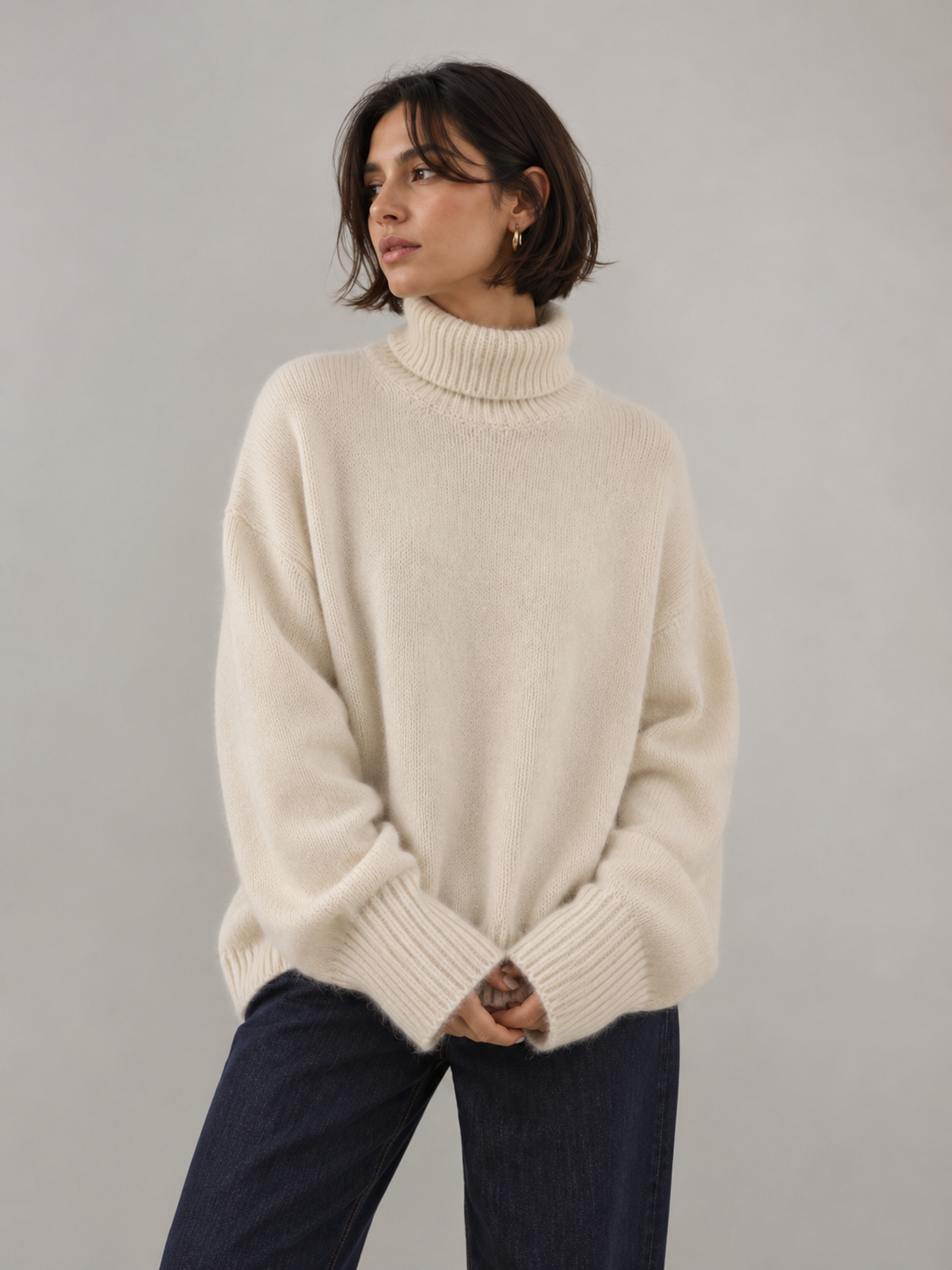 White Oversized Chunky Turtleneck Knit Sweater