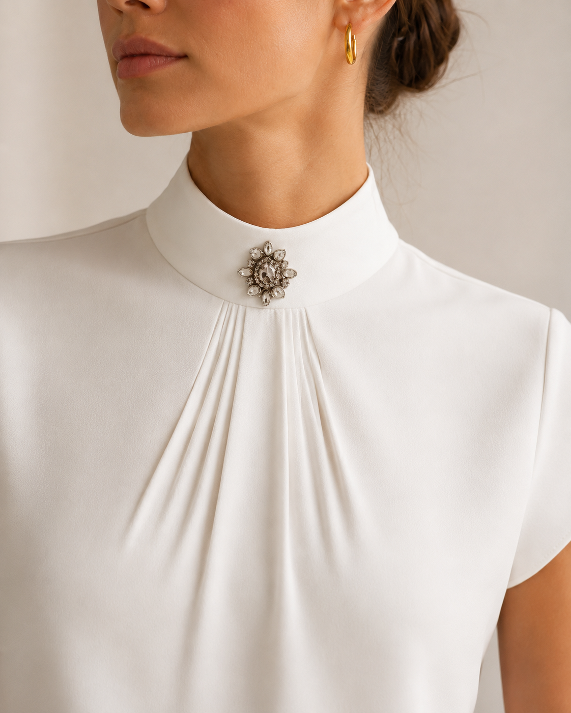 White Pleated High Neck Blouse with Brooch