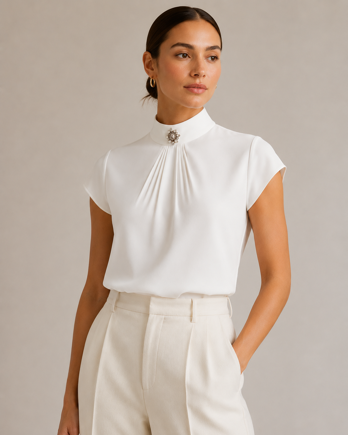 White Pleated High Neck Blouse with Brooch