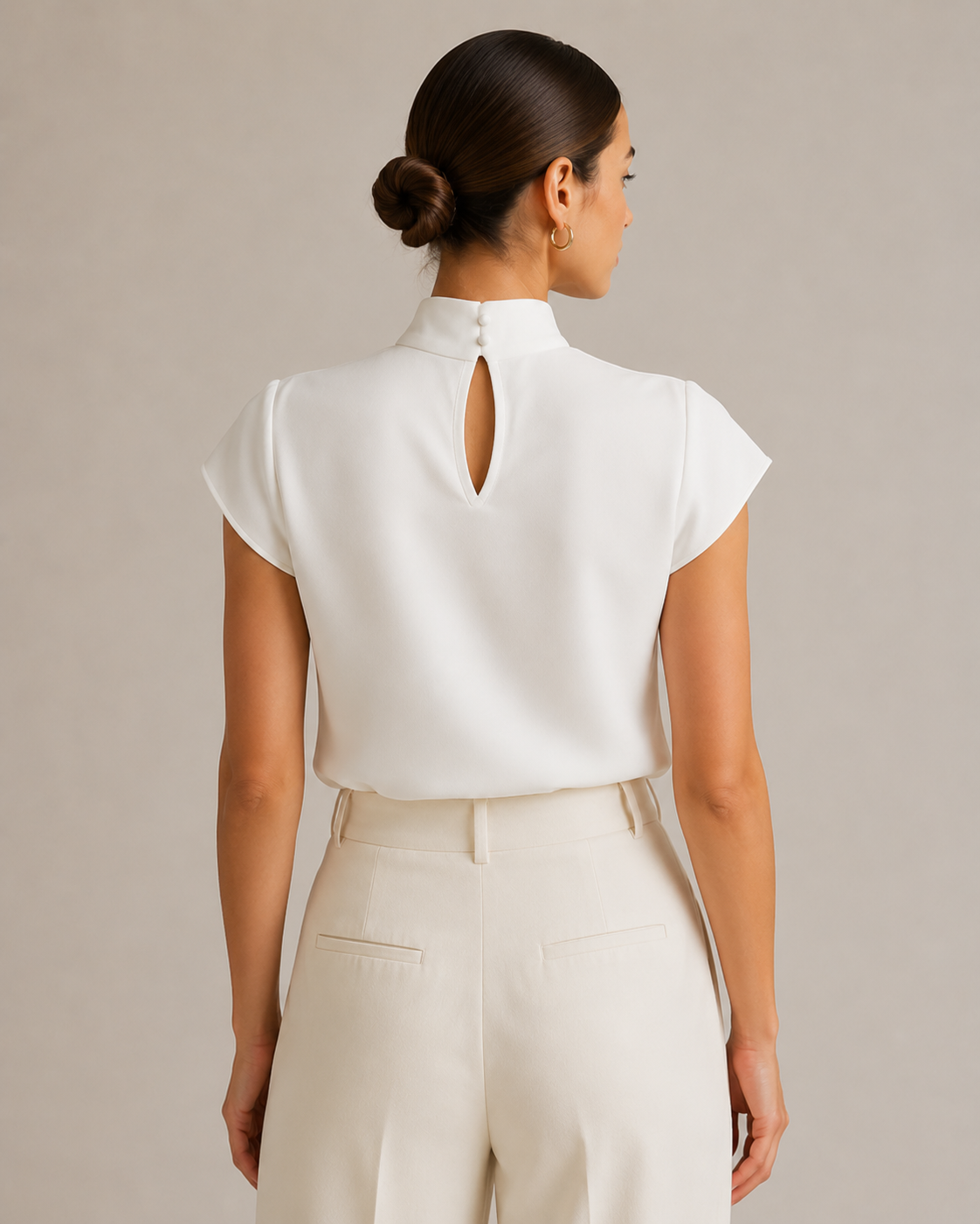 White Pleated High Neck Blouse with Brooch
