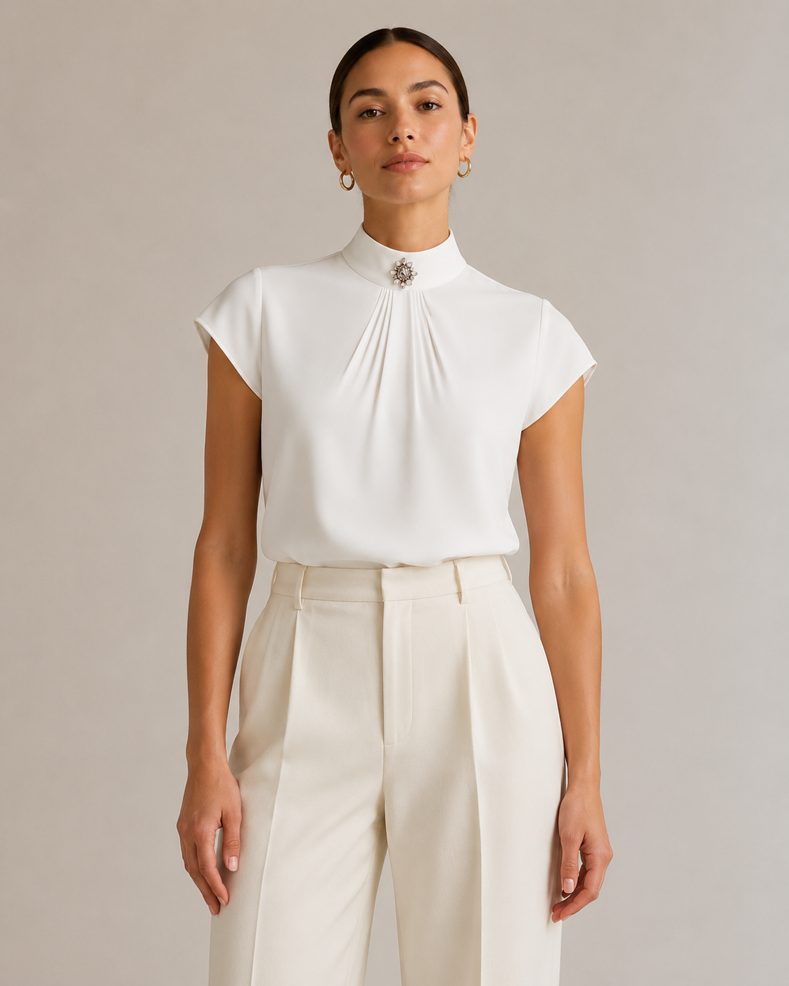 White Pleated High Neck Blouse with Brooch