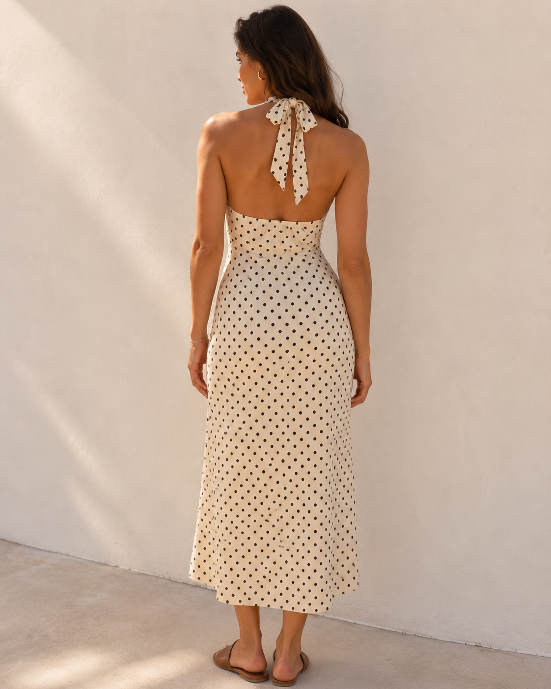 White Polka Dot Halter Maxi Dress with Lace-Up Back