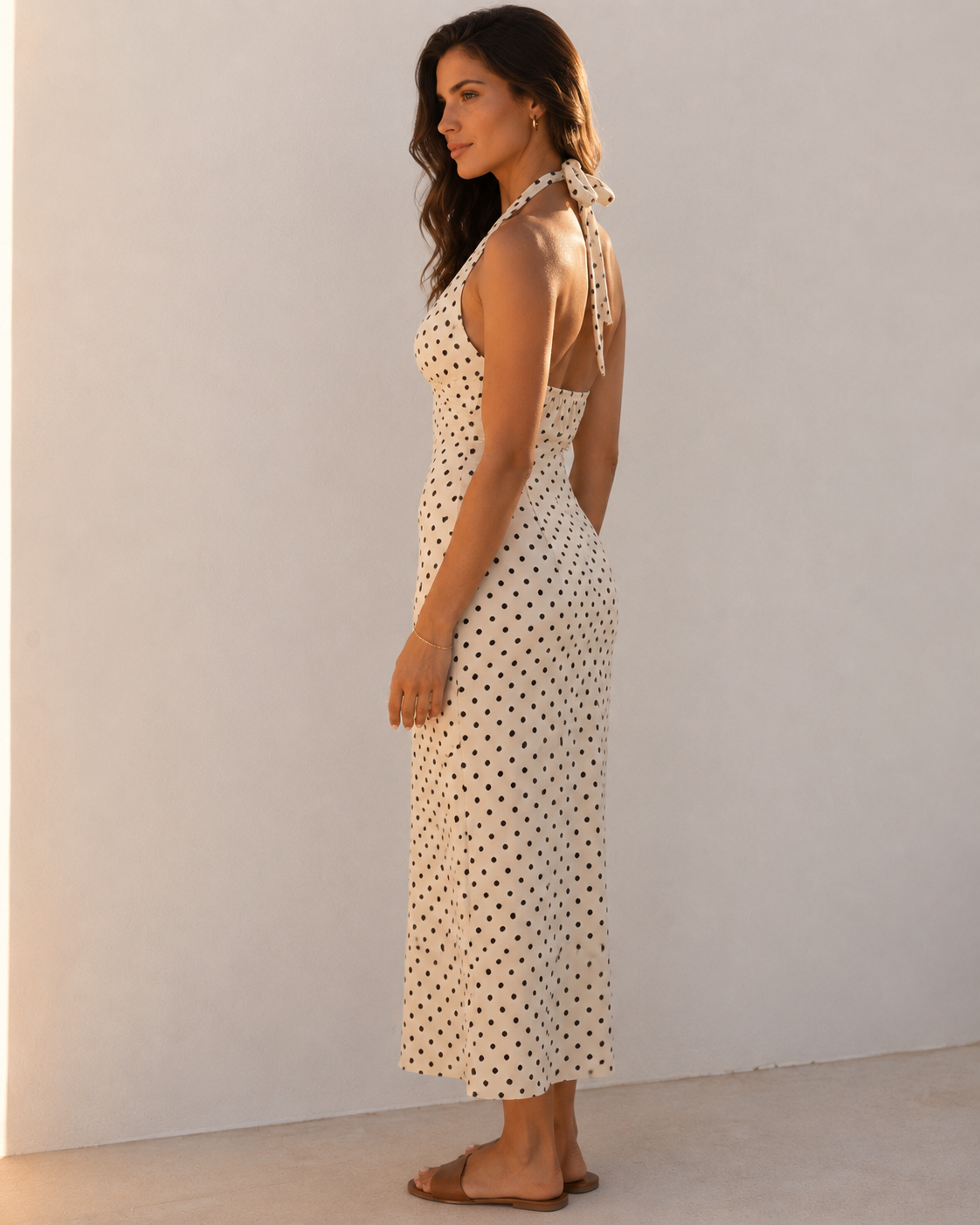 White Polka Dot Halter Maxi Dress with Lace-Up Back