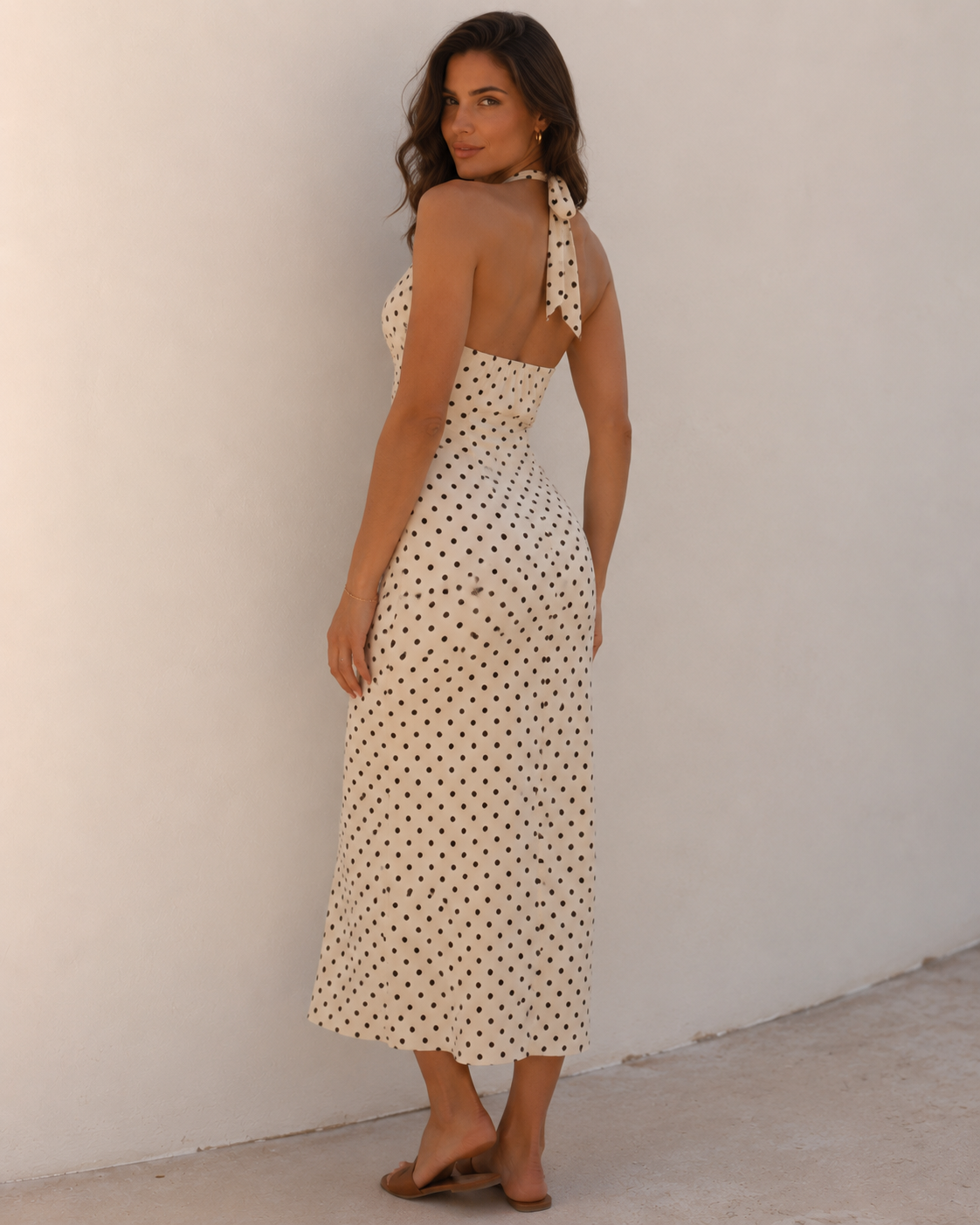 White Polka Dot Halter Maxi Dress with Lace-Up Back