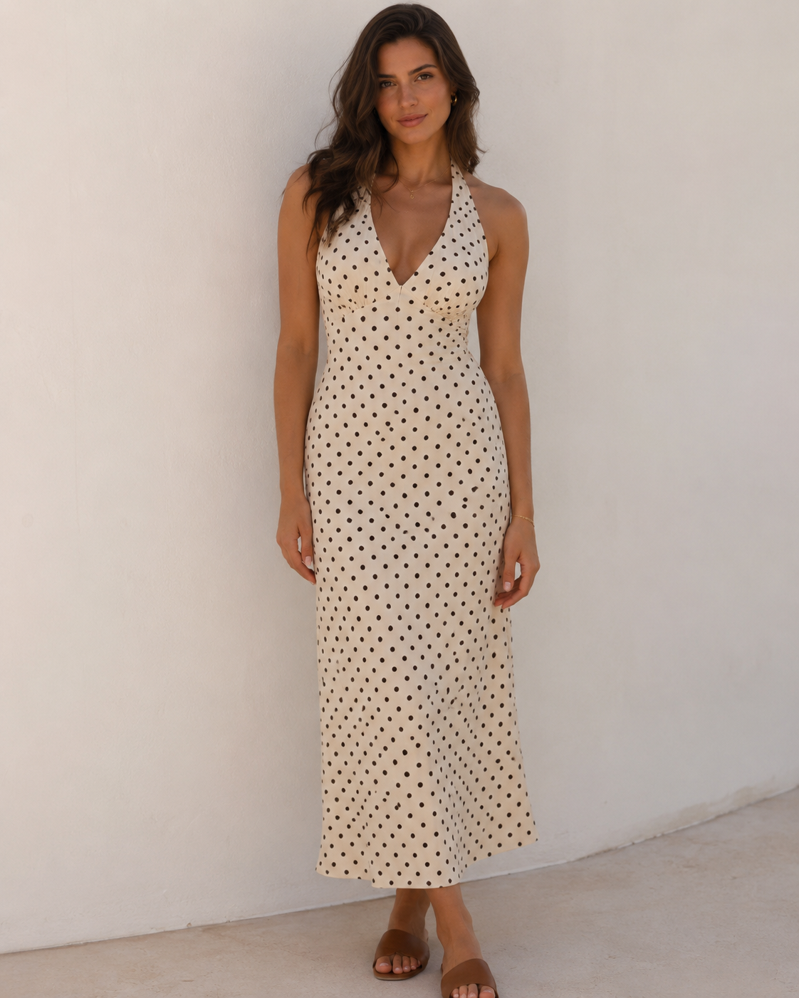 White Polka Dot Halter Maxi Dress with Lace-Up Back