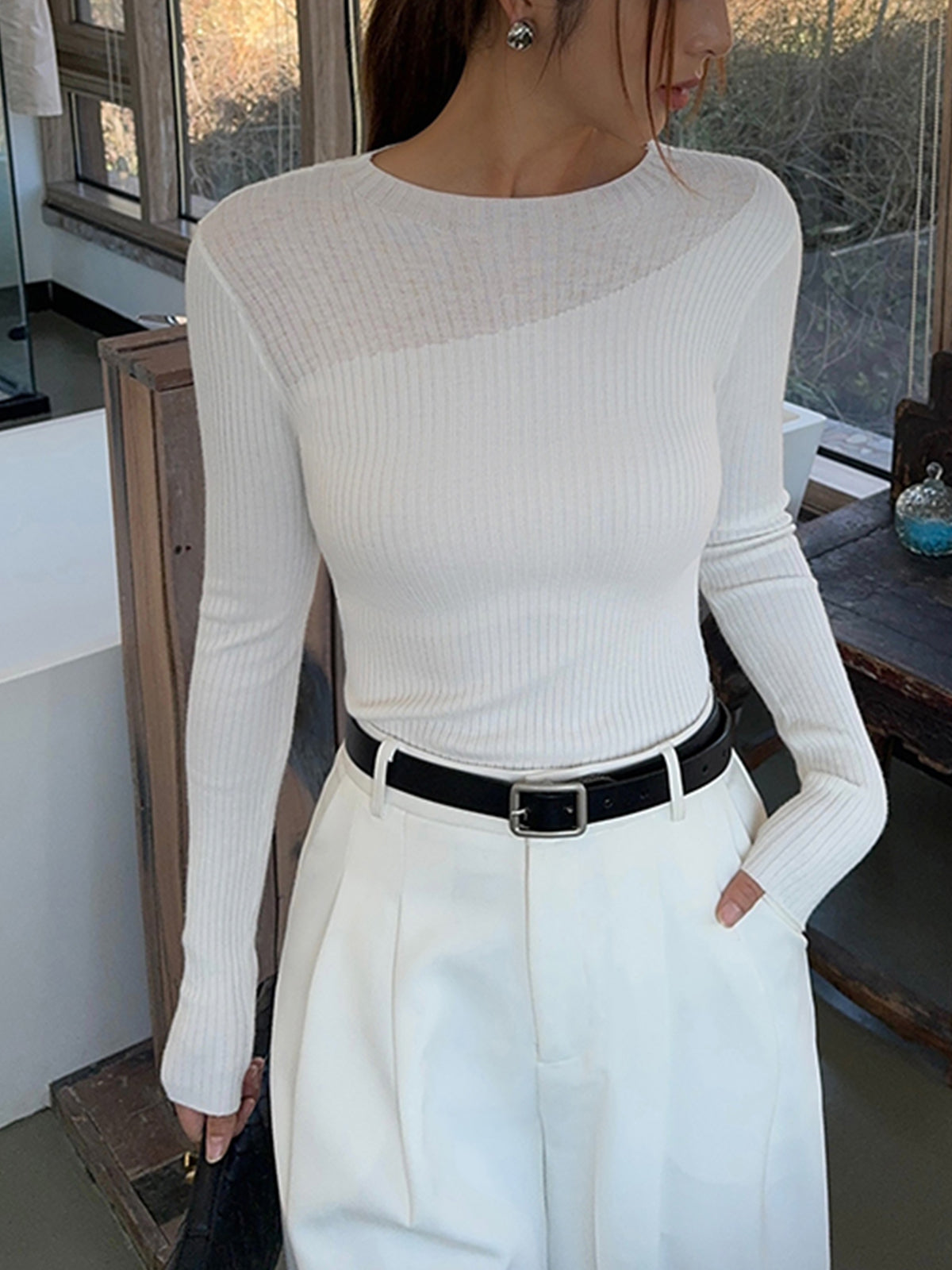White Ribbed Crew Neck Knit Top with Asymmetric Hem