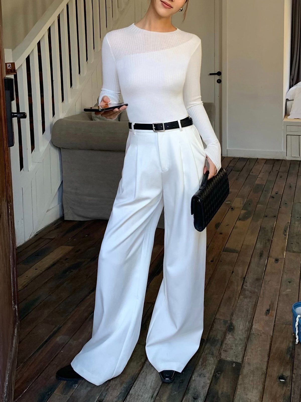White Ribbed Crew Neck Knit Top with Asymmetric Hem