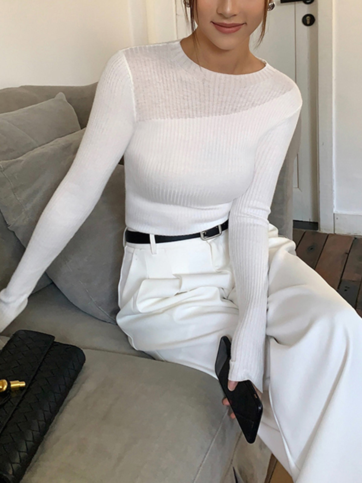 White Ribbed Crew Neck Knit Top with Asymmetric Hem